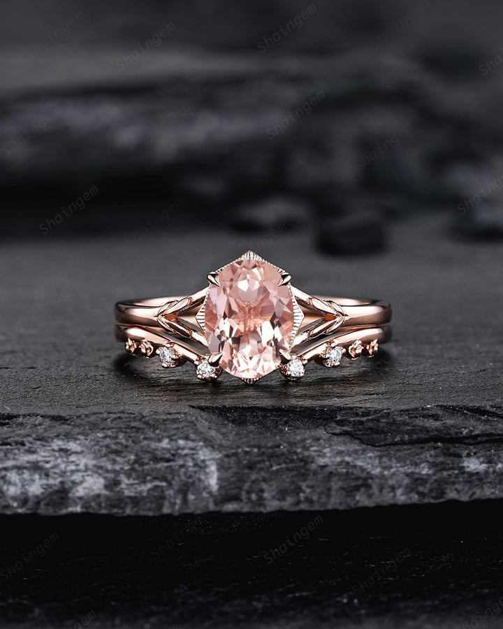 Unique Split Shank Oval Shape Natural Peach Pink Morganite Engagement Ring Nature Inspired Milgrain Leaf Vine Rose Gold Wedding Promise Ring - ShainJewelry