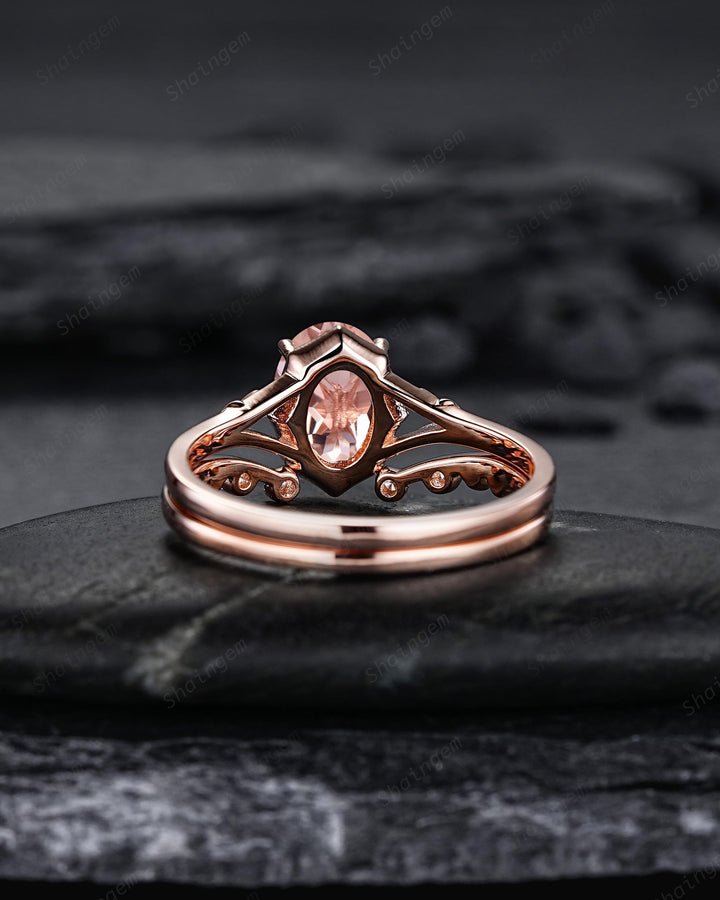 Unique Split Shank Oval Shape Natural Peach Pink Morganite Engagement Ring Nature Inspired Milgrain Leaf Vine Rose Gold Wedding Promise Ring - ShainJewelry