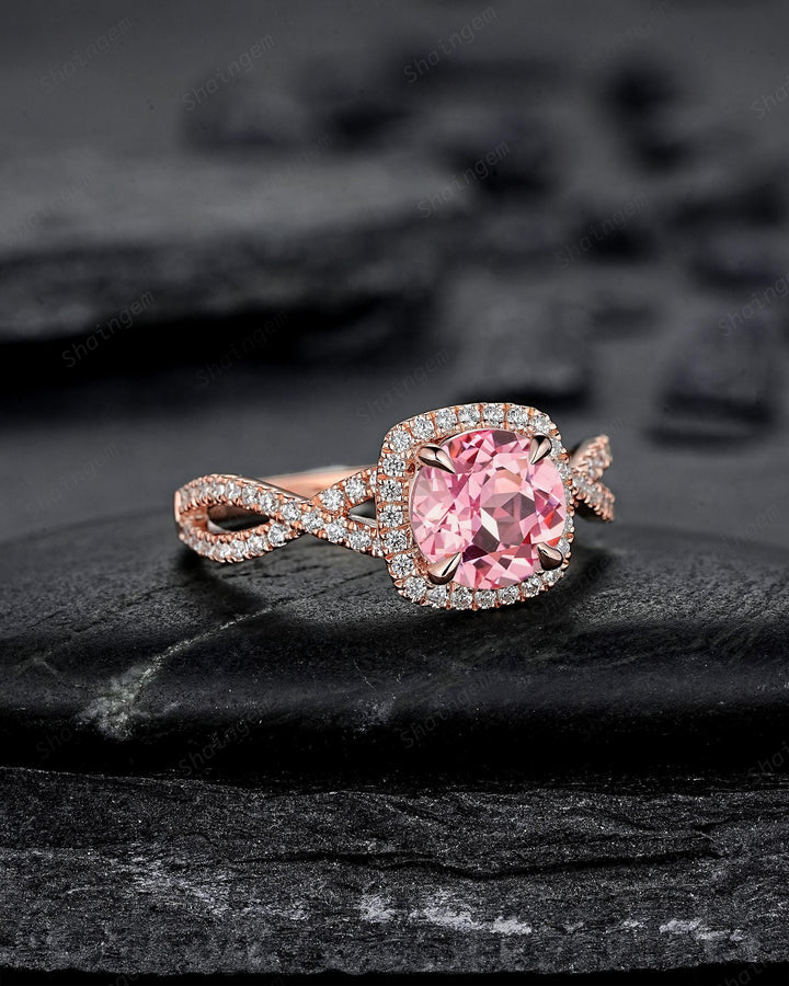 Vintage Round Pink Sapphire Halo Engagement Ring, Rose Gold Cross Band Half Eternity Cushion Shape Promise Ring, Infinite Wedding Ring Mom - ShainJewelry