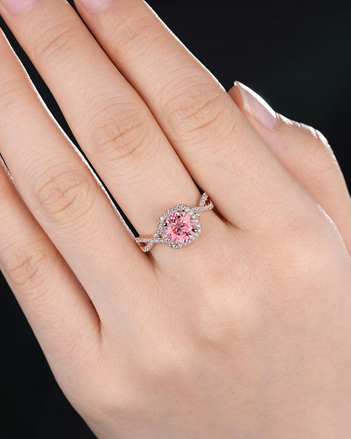 Vintage Round Pink Sapphire Halo Engagement Ring, Rose Gold Cross Band Half Eternity Cushion Shape Promise Ring, Infinite Wedding Ring Mom - ShainJewelry