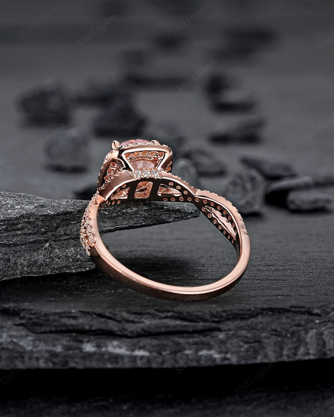 Vintage Round Pink Sapphire Halo Engagement Ring, Rose Gold Cross Band Half Eternity Cushion Shape Promise Ring, Infinite Wedding Ring Mom - ShainJewelry