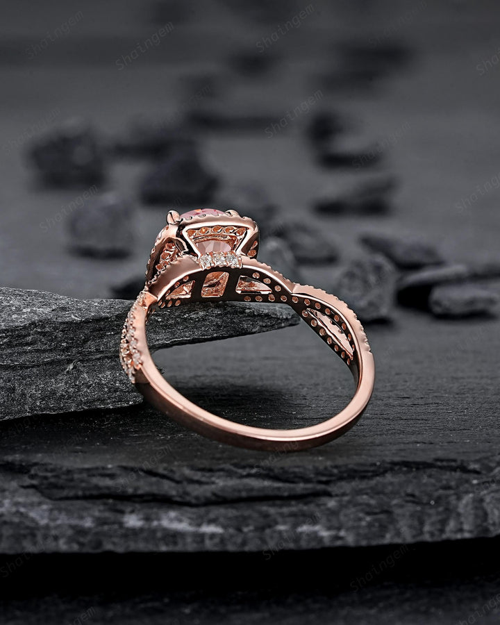 Vintage Round Pink Sapphire Halo Engagement Ring, Rose Gold Cross Band Half Eternity Cushion Shape Promise Ring, Infinite Wedding Ring Mom - ShainJewelry