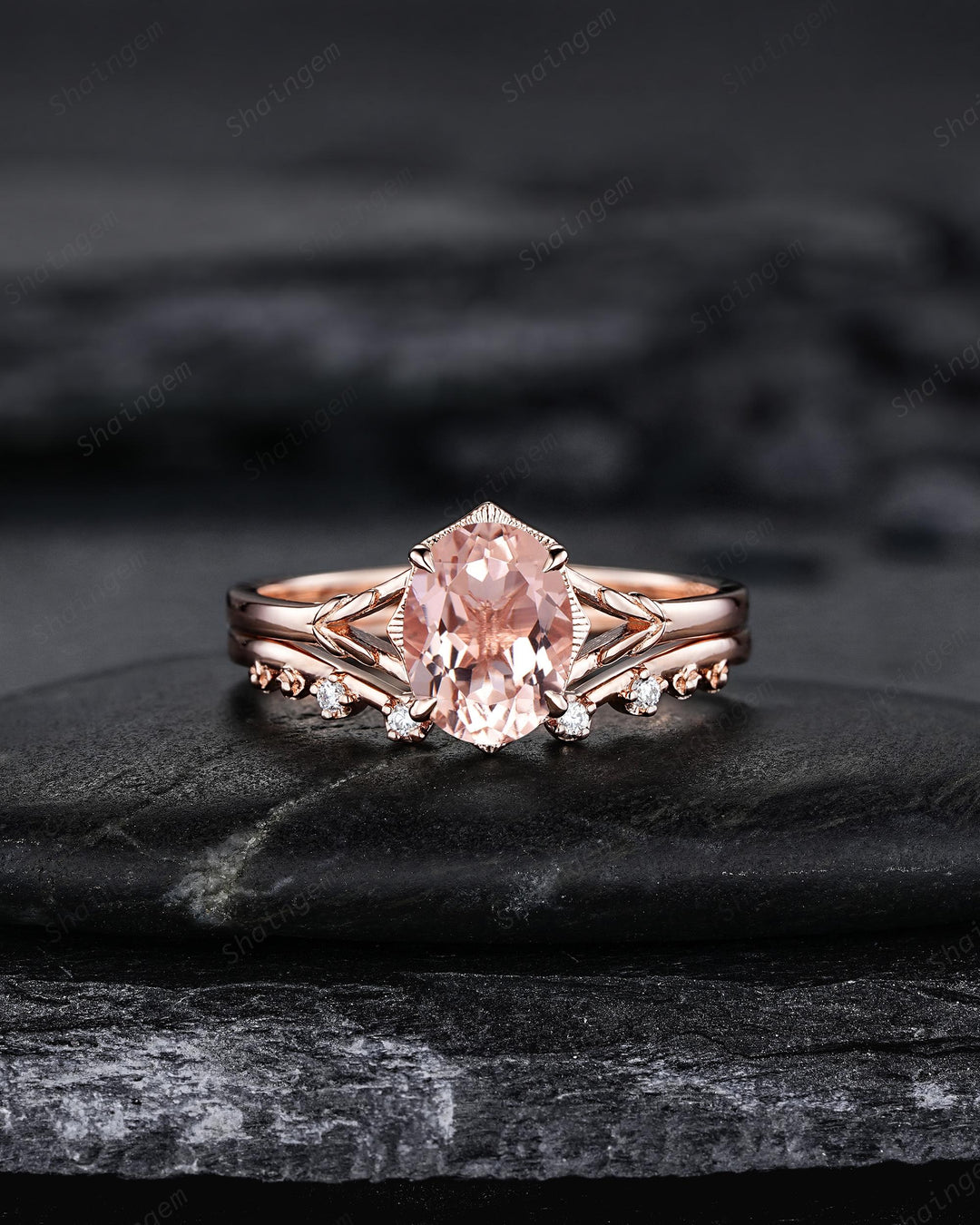 Unique Split Shank Oval Shape Natural Peach Pink Morganite Engagement Ring Nature Inspired Milgrain Leaf Vine Rose Gold Wedding Promise Ring - ShainJewelry
