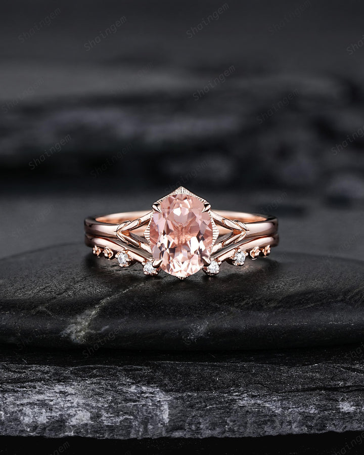 Unique Split Shank Oval Shape Natural Peach Pink Morganite Engagement Ring Nature Inspired Milgrain Leaf Vine Rose Gold Wedding Promise Ring - ShainJewelry