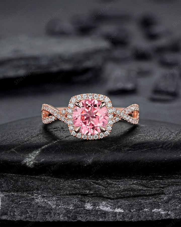 Vintage Round Pink Sapphire Halo Engagement Ring, Rose Gold Cross Band Half Eternity Cushion Shape Promise Ring, Infinite Wedding Ring Mom - ShainJewelry