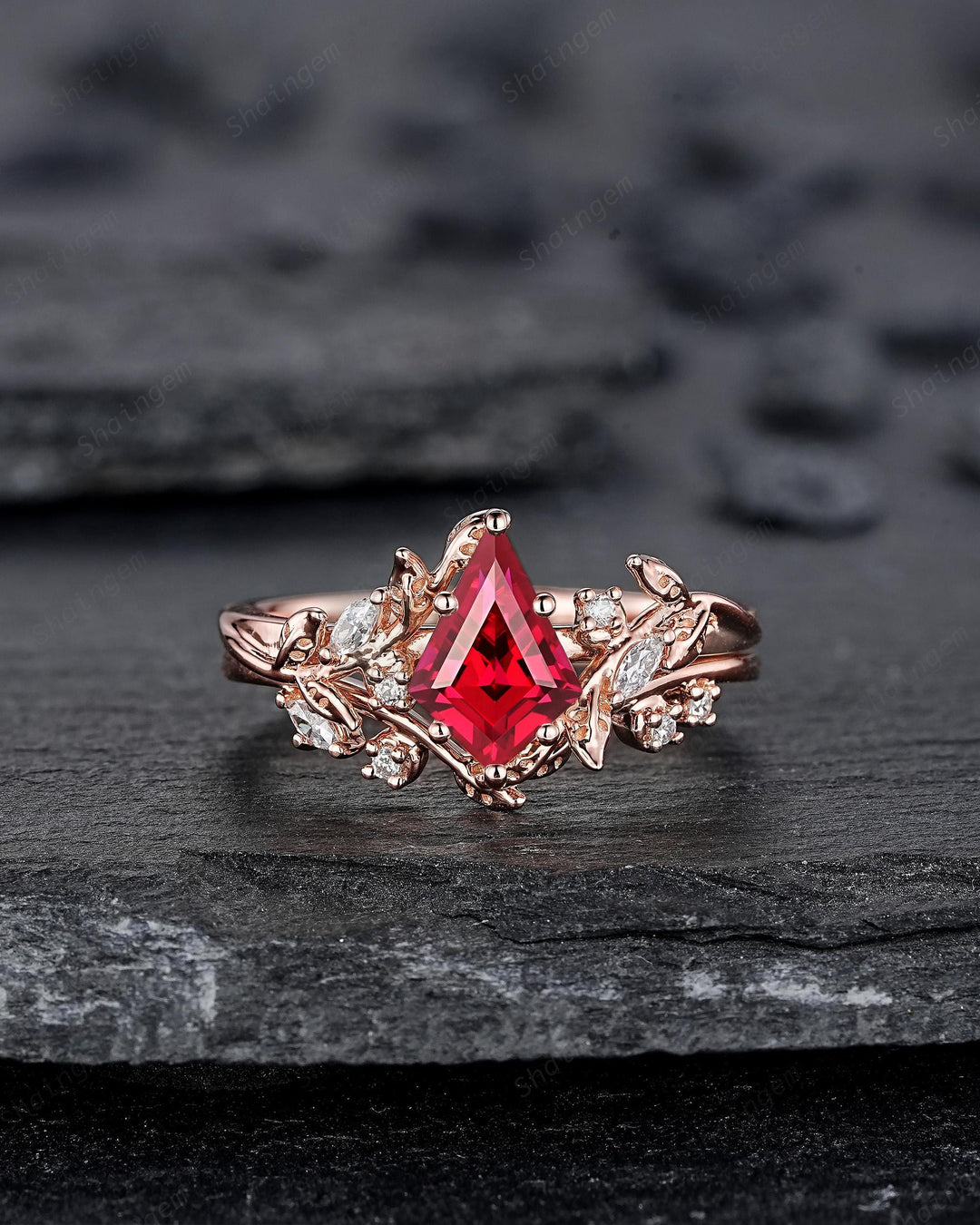 Nature Inspired Kite Cut Ruby Leaf Engagement Ring Set, Unique Rose Gold Twig Branch Promise Ring, July Birthstone Anniversary Ring Women - ShainJewelry