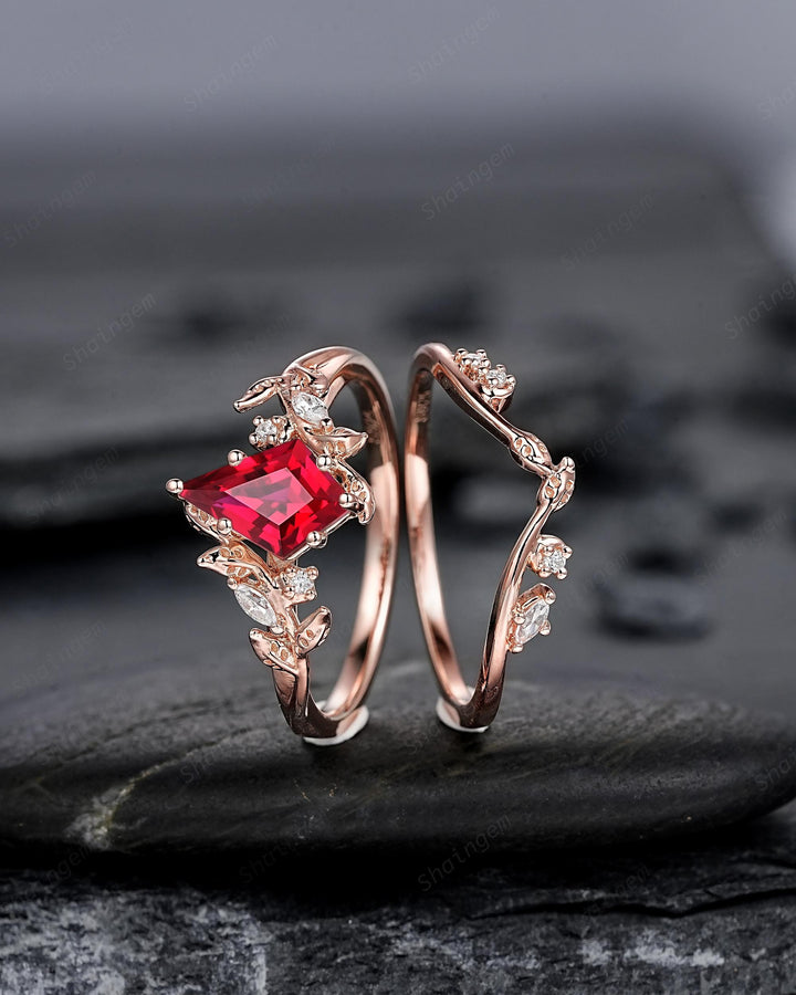 Nature Inspired Kite Cut Ruby Leaf Engagement Ring Set, Unique Rose Gold Twig Branch Promise Ring, July Birthstone Anniversary Ring Women - ShainJewelry