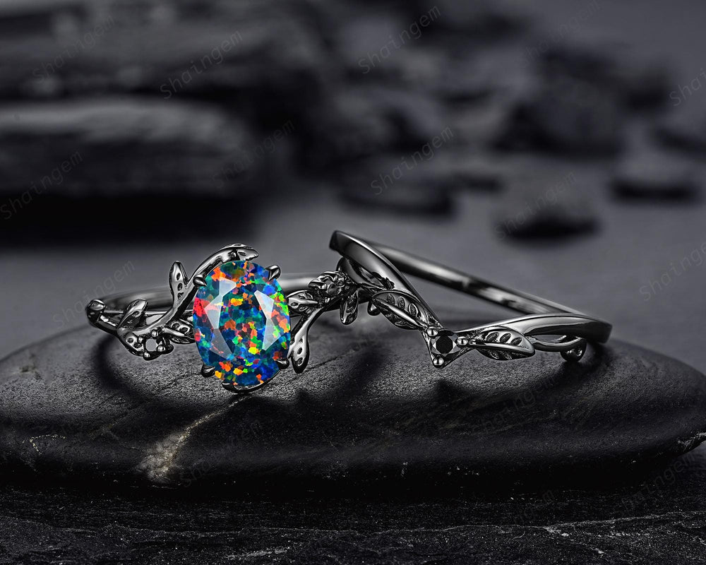 Gothic Nature Inspired Oval Shape Black Opal Leaf Engagement Ring Set, Rhodium Black Vine Promise Ring, Black Gold Wedding Anniversary Gift - ShainJewelry