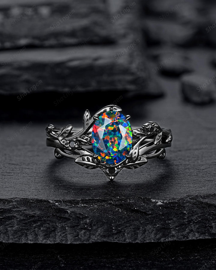 Gothic Nature Inspired Oval Shape Black Opal Leaf Engagement Ring Set, Rhodium Black Vine Promise Ring, Black Gold Wedding Anniversary Gift - ShainJewelry