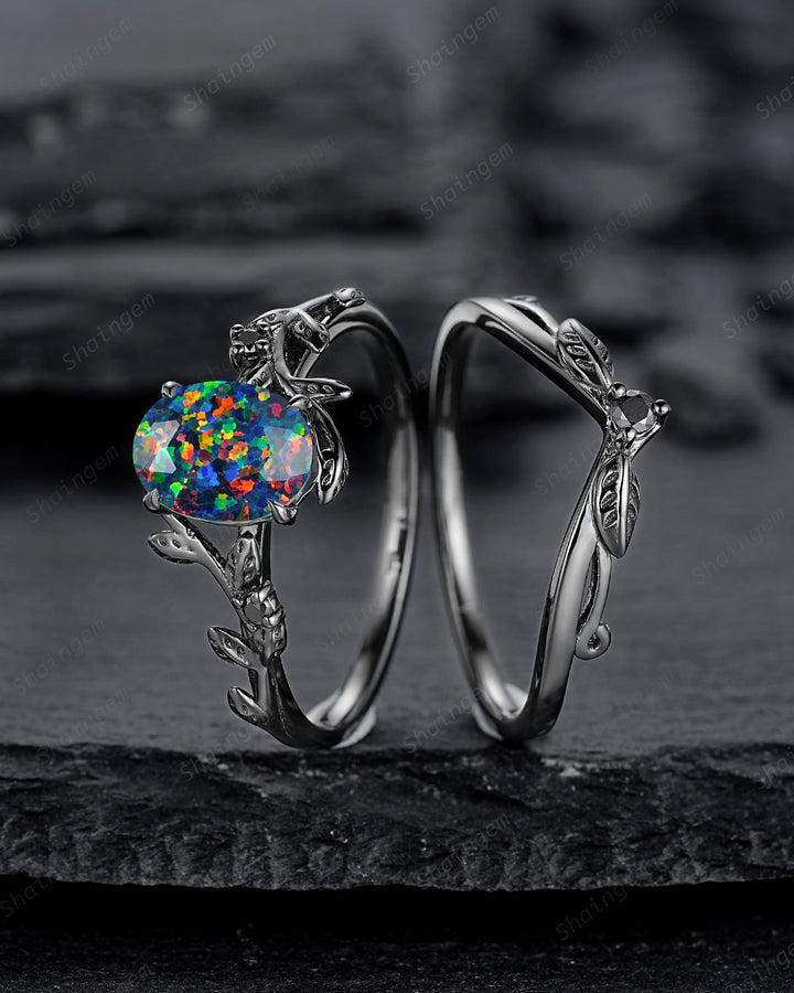 Gothic Nature Inspired Oval Shape Black Opal Leaf Engagement Ring Set, Rhodium Black Vine Promise Ring, Black Gold Wedding Anniversary Gift - ShainJewelry