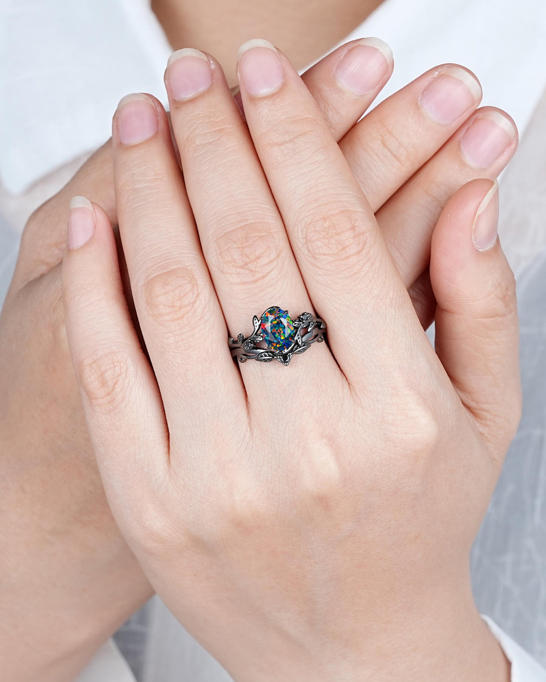 Gothic Nature Inspired Oval Shape Black Opal Leaf Engagement Ring Set, Rhodium Black Vine Promise Ring, Black Gold Wedding Anniversary Gift - ShainJewelry