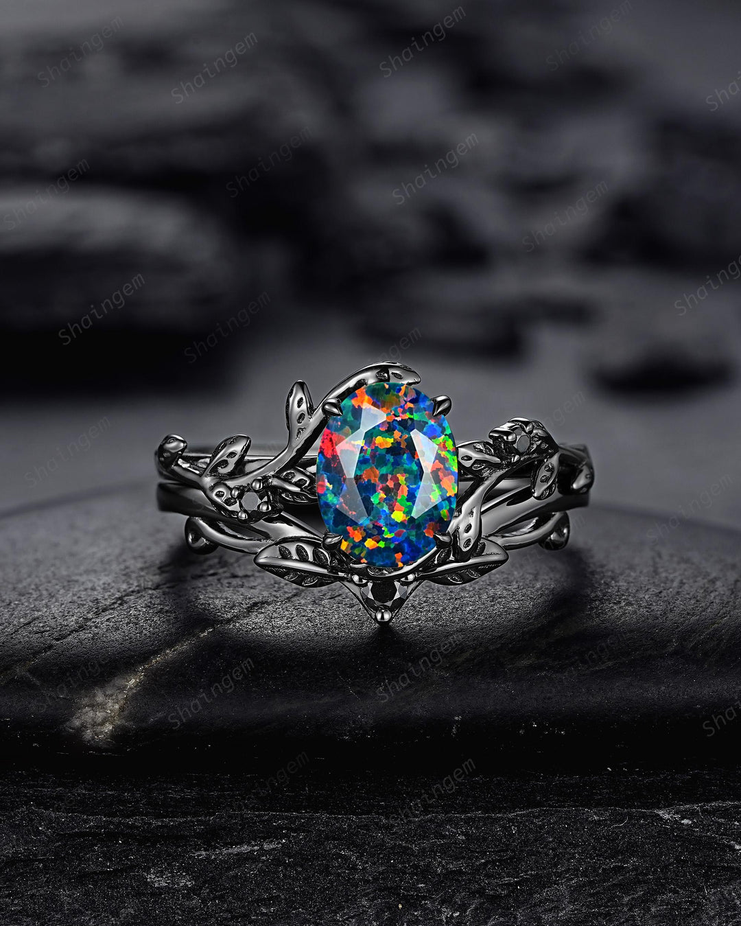 Gothic Nature Inspired Oval Shape Black Opal Leaf Engagement Ring Set, Rhodium Black Vine Promise Ring, Black Gold Wedding Anniversary Gift - ShainJewelry