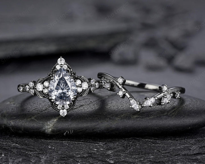 Unique Black Gold Pear Shape Gray Moissanite Leaf Engagement Ring, Witchy Twig Branch Promise Ring Gothic Black Wedding Ring Gift for Women - ShainJewelry