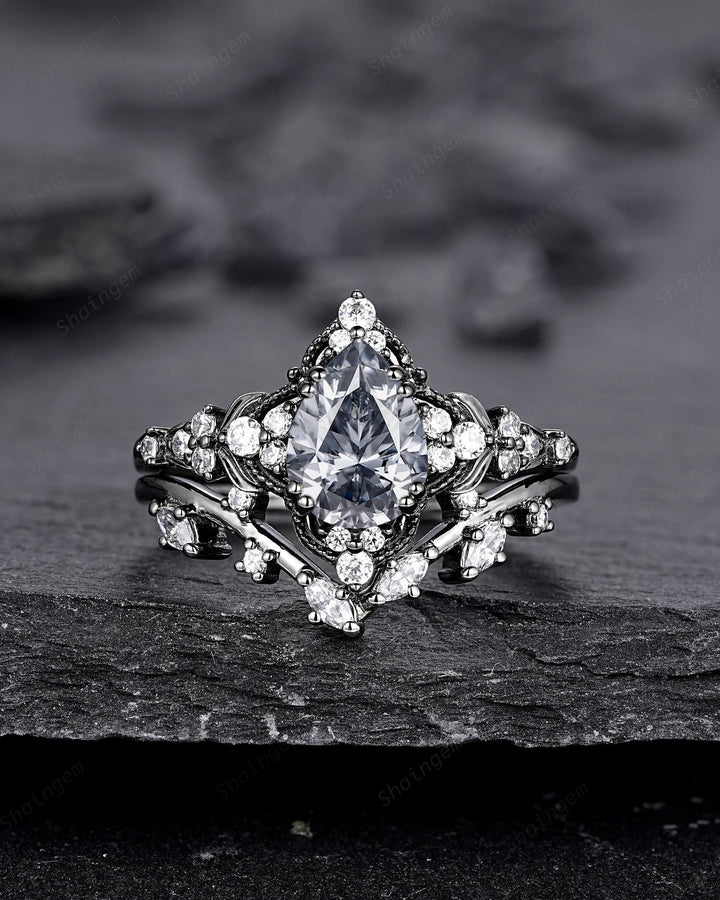 Unique Black Gold Pear Shape Gray Moissanite Leaf Engagement Ring, Witchy Twig Branch Promise Ring Gothic Black Wedding Ring Gift for Women - ShainJewelry
