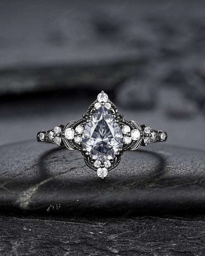 Unique Black Gold Pear Shape Gray Moissanite Leaf Engagement Ring, Witchy Twig Branch Promise Ring Gothic Black Wedding Ring Gift for Women - ShainJewelry