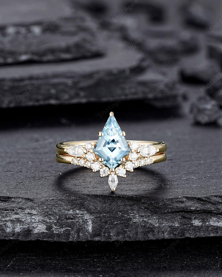 Vintage Kite Shape Natural Blue Aquamarine Engagement Ring Set, V Shape Yellow Gold March Birthstone Promise Wedding Ring Gift for Women - ShainJewelry