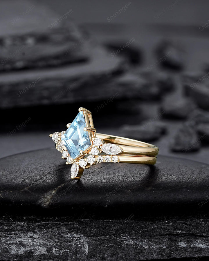 Vintage Kite Shape Natural Blue Aquamarine Engagement Ring Set, V Shape Yellow Gold March Birthstone Promise Wedding Ring Gift for Women - ShainJewelry