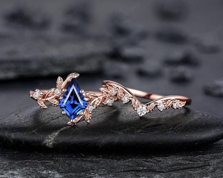 Vintage Kite Cut Cornflower Blue Sapphire Leaf Engagement Ring Unique Rose Gold Twig Branch Vine Wedding Set Nature Inspired Promise Ring - ShainJewelry