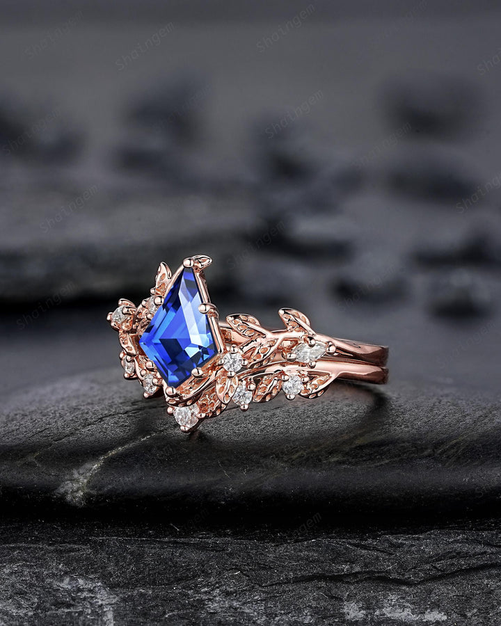 Vintage Kite Cut Cornflower Blue Sapphire Leaf Engagement Ring Unique Rose Gold Twig Branch Vine Wedding Set Nature Inspired Promise Ring - ShainJewelry