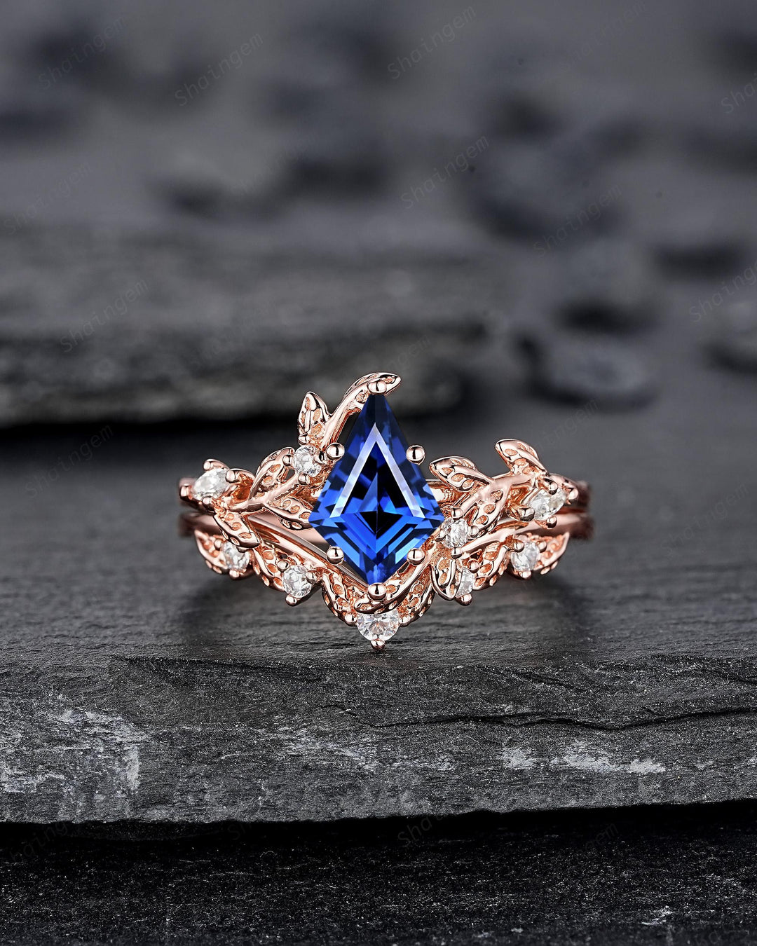 Vintage Kite Cut Cornflower Blue Sapphire Leaf Engagement Ring Unique Rose Gold Twig Branch Vine Wedding Set Nature Inspired Promise Ring - ShainJewelry