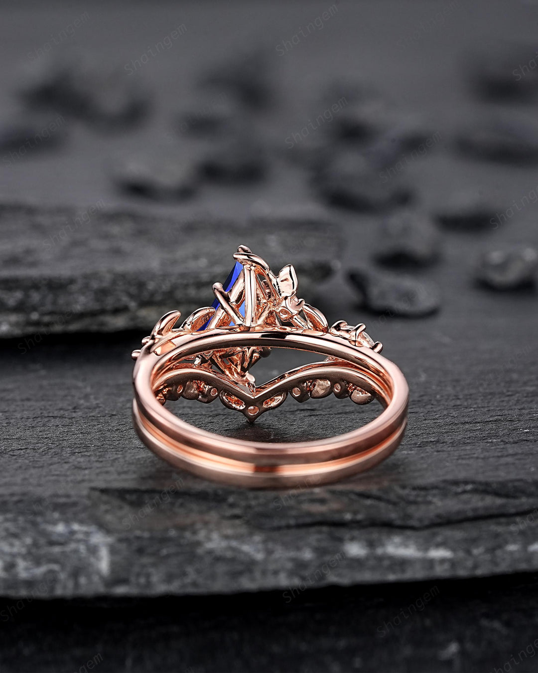 Vintage Kite Cut Cornflower Blue Sapphire Leaf Engagement Ring Unique Rose Gold Twig Branch Vine Wedding Set Nature Inspired Promise Ring - ShainJewelry