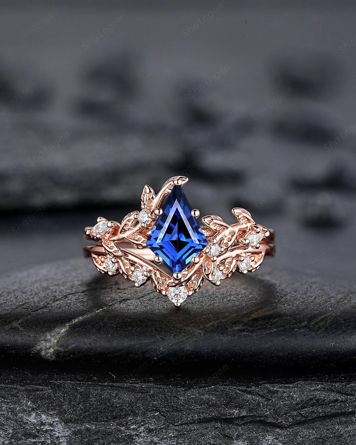 Vintage Kite Cut Cornflower Blue Sapphire Leaf Engagement Ring Unique Rose Gold Twig Branch Vine Wedding Set Nature Inspired Promise Ring - ShainJewelry