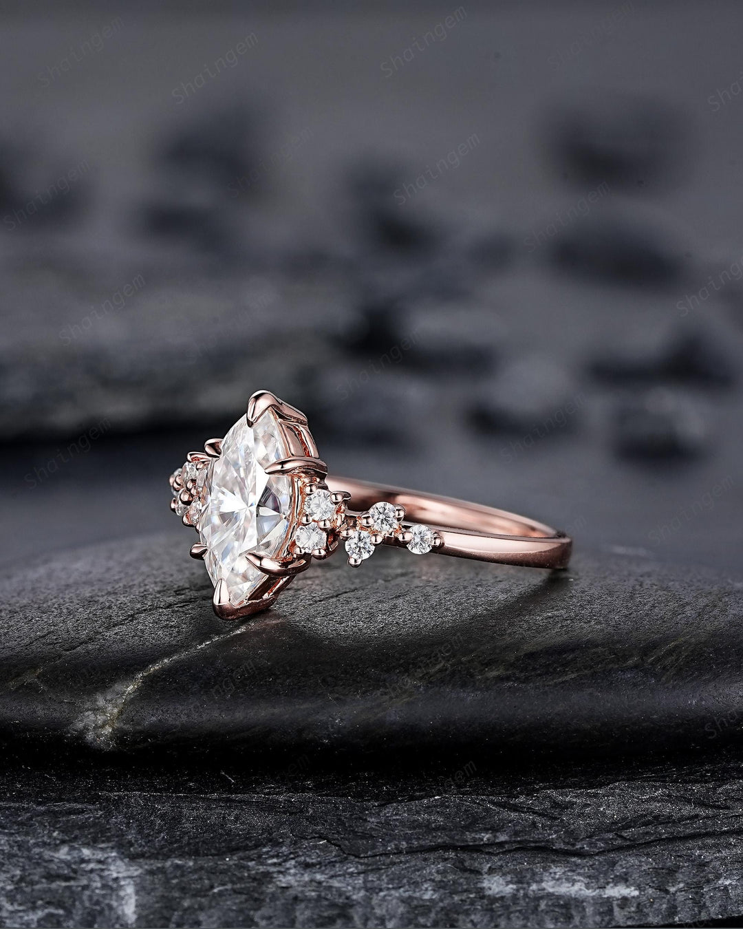 Unique Marquise Cut Moissanite Engagement Ring, Vintage Cluster Diamond Wedding Ring Snowdrift Rose Gold Promise Ring Gift for Women Girl - ShainJewelry