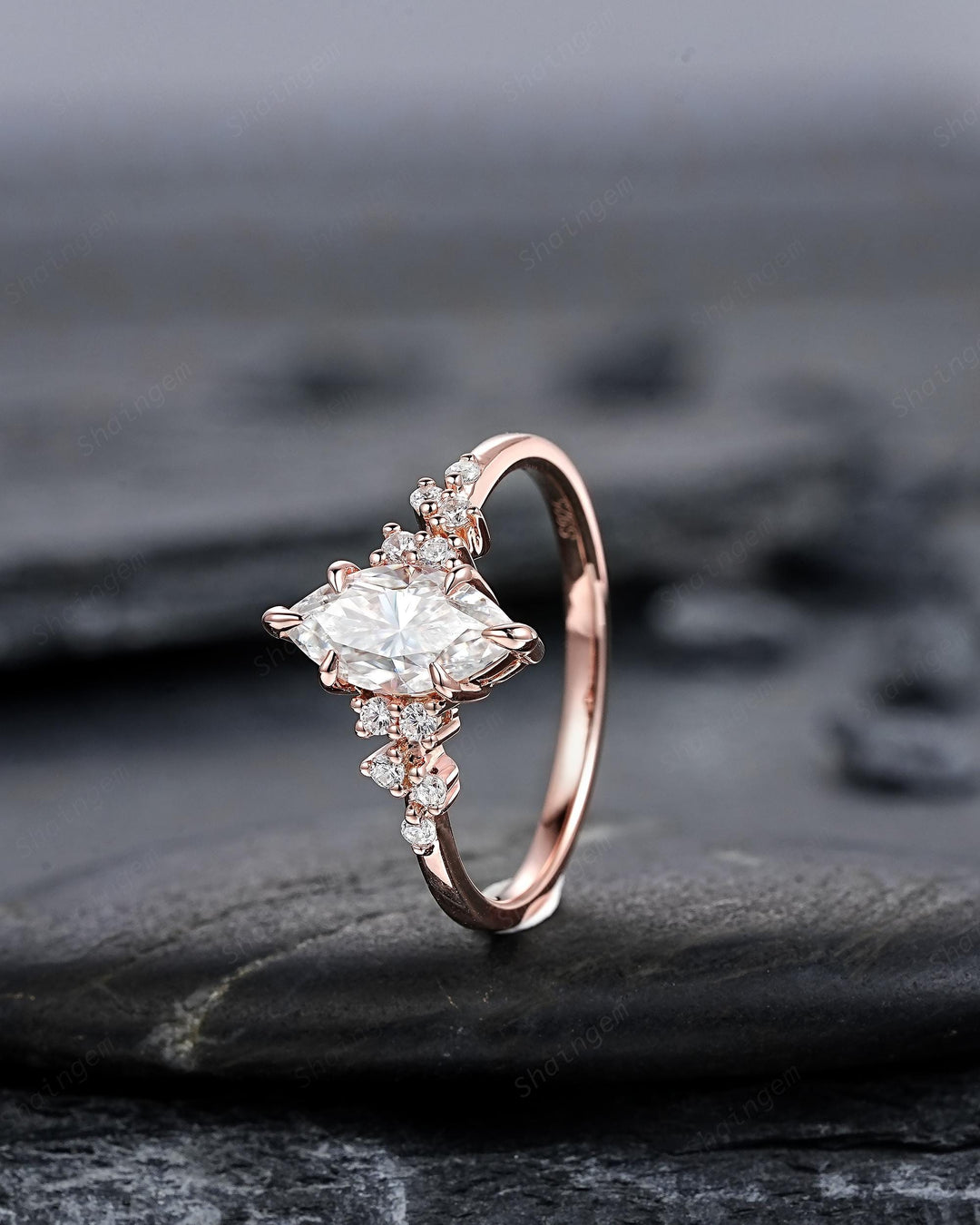 Unique Marquise Cut Moissanite Engagement Ring, Vintage Cluster Diamond Wedding Ring Snowdrift Rose Gold Promise Ring Gift for Women Girl - ShainJewelry