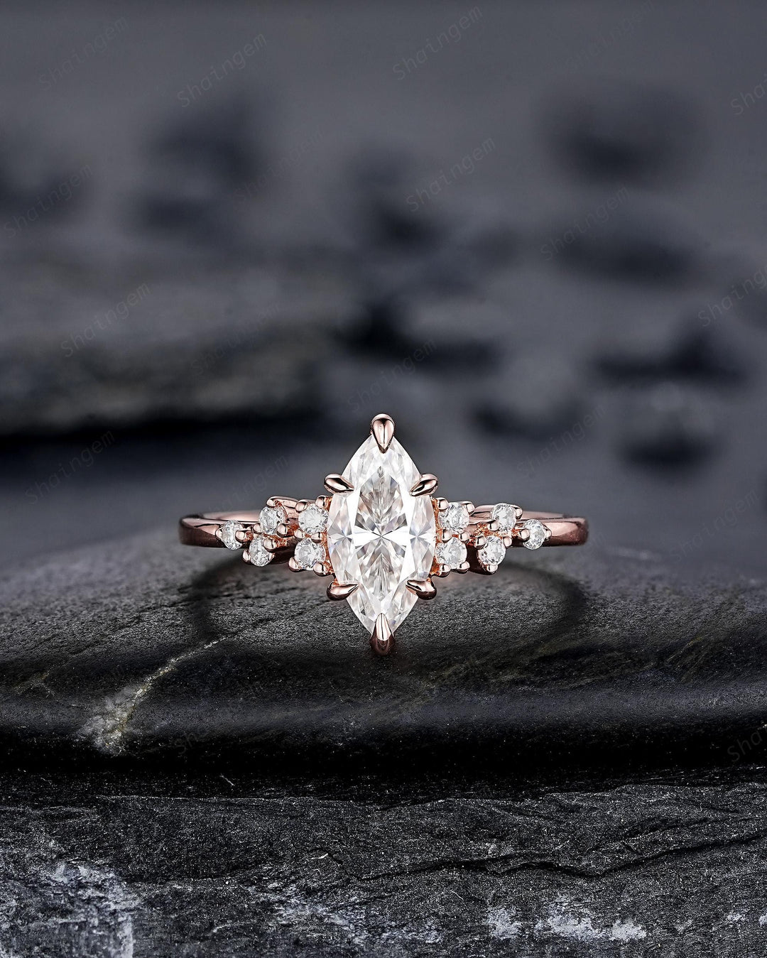 Unique Marquise Cut Moissanite Engagement Ring, Vintage Cluster Diamond Wedding Ring Snowdrift Rose Gold Promise Ring Gift for Women Girl - ShainJewelry