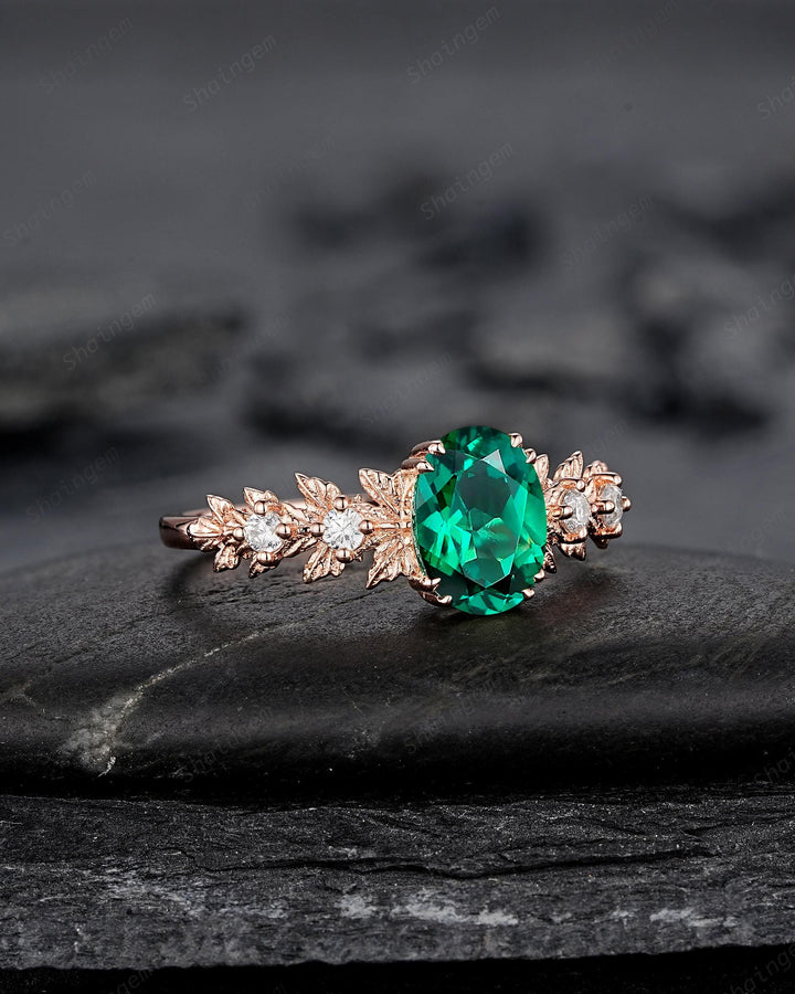 Oval Shape Emerald Maple Leaf Engagement Ring, Nature Inspired Promise Ring, Rose Gold Wedding Ring August Birthstone Ring Gift for Woman - ShainJewelry