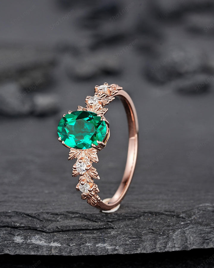 Oval Shape Emerald Maple Leaf Engagement Ring, Nature Inspired Promise Ring, Rose Gold Wedding Ring August Birthstone Ring Gift for Woman - ShainJewelry