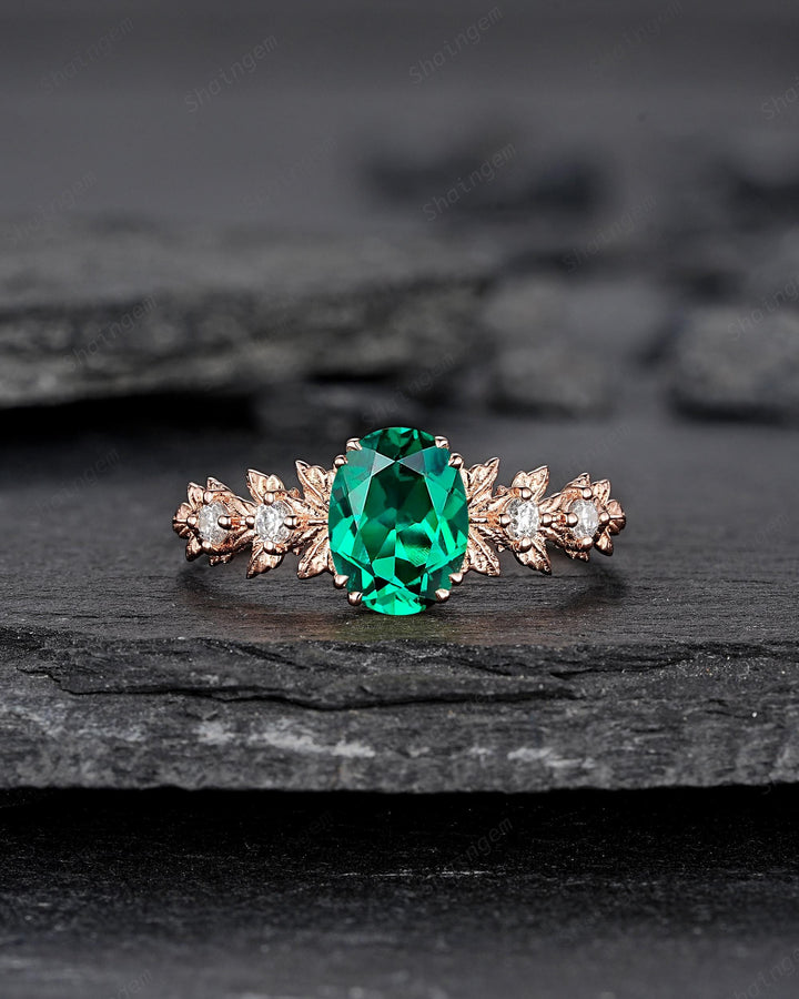 Oval Shape Emerald Maple Leaf Engagement Ring, Nature Inspired Promise Ring, Rose Gold Wedding Ring August Birthstone Ring Gift for Woman - ShainJewelry