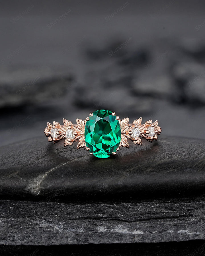 Oval Shape Emerald Maple Leaf Engagement Ring, Nature Inspired Promise Ring, Rose Gold Wedding Ring August Birthstone Ring Gift for Woman - ShainJewelry