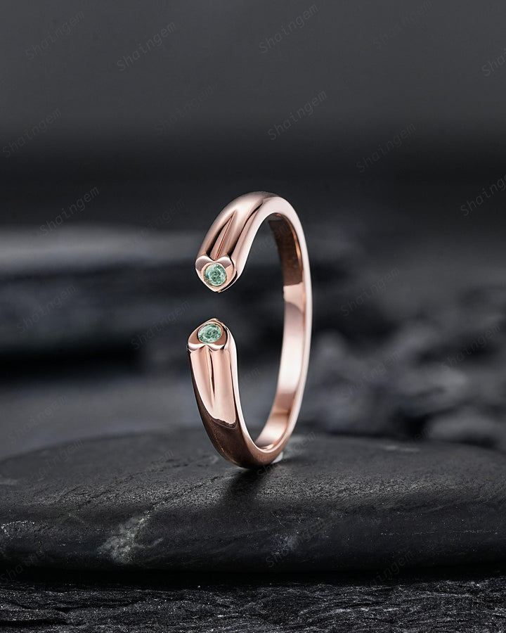 Open Gap Heart Shape Moss Agate Wedding Band, Rose Gold Engagement Band, Simple Matching Band, Promise Ring, Engagement ring Gift for Women - ShainJewelry