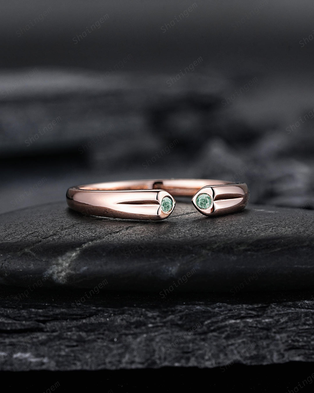 Open Gap Heart Shape Moss Agate Wedding Band, Rose Gold Engagement Band, Simple Matching Band, Promise Ring, Engagement ring Gift for Women - ShainJewelry