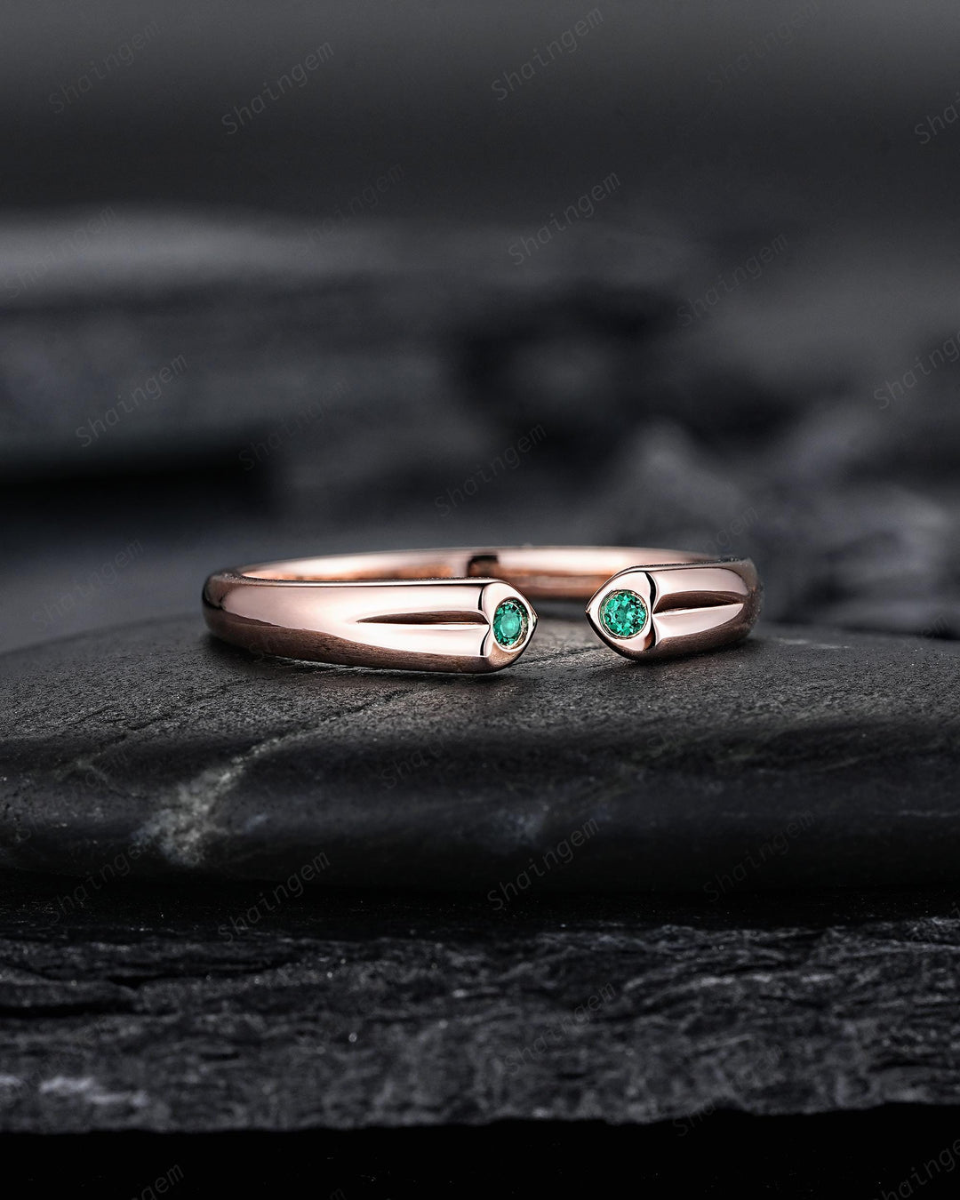 Open Gap Heart Shape Emerald Wedding Band, Rose Gold Engagement Band, Simple Matching Band, Promise Engagement Posy ring Gift for Women Her - ShainJewelry