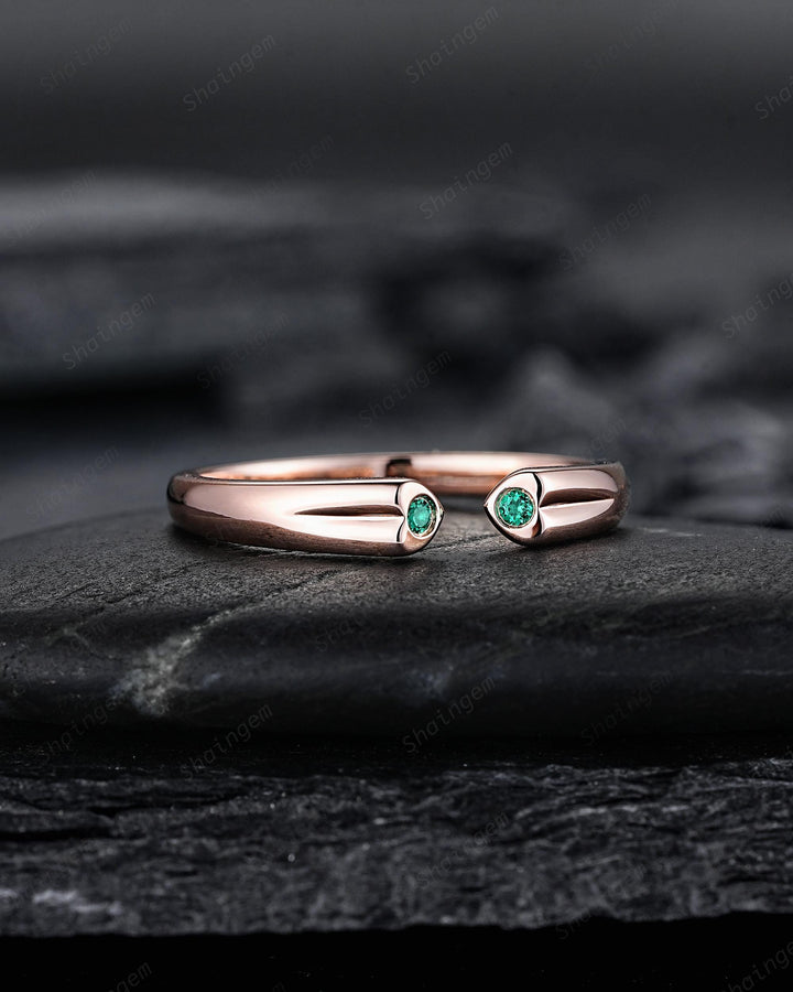 Open Gap Heart Shape Emerald Wedding Band, Rose Gold Engagement Band, Simple Matching Band, Promise Engagement Posy ring Gift for Women Her - ShainJewelry