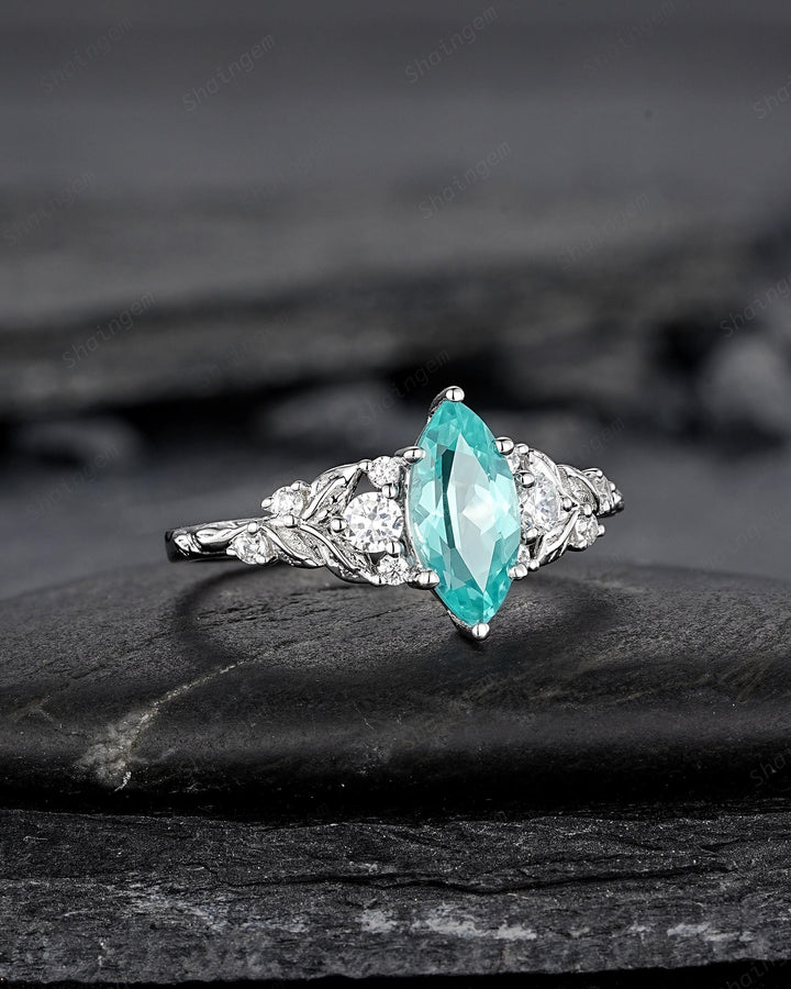 Nature Inspired Platinum Marquise Cut Paraiba Blue Tourmaline Engagement Ring, Unique White Gold Promise Ring Silver Leaf Wedding Ring Women - ShainJewelry
