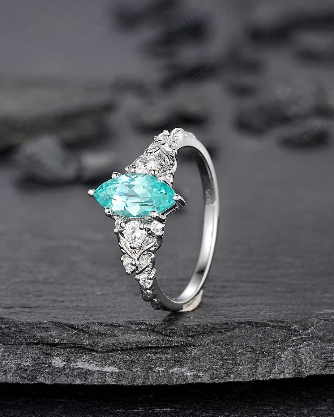Nature Inspired Platinum Marquise Cut Paraiba Blue Tourmaline Engagement Ring, Unique White Gold Promise Ring Silver Leaf Wedding Ring Women - ShainJewelry