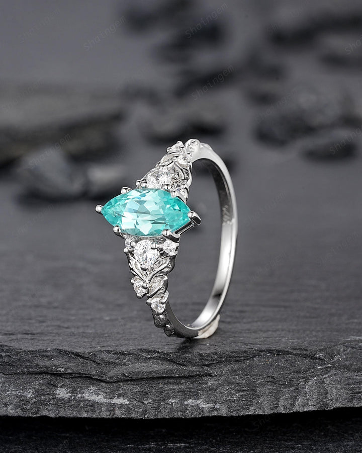 Nature Inspired Platinum Marquise Cut Paraiba Blue Tourmaline Engagement Ring, Unique White Gold Promise Ring Silver Leaf Wedding Ring Women - ShainJewelry