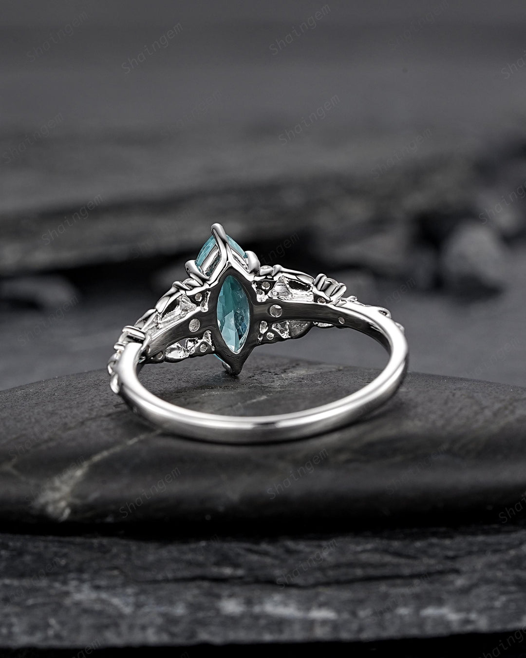 Nature Inspired Platinum Marquise Cut Paraiba Blue Tourmaline Engagement Ring, Unique White Gold Promise Ring Silver Leaf Wedding Ring Women - ShainJewelry