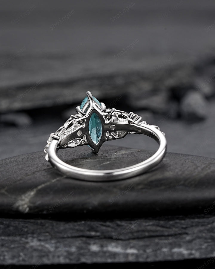 Nature Inspired Platinum Marquise Cut Paraiba Blue Tourmaline Engagement Ring, Unique White Gold Promise Ring Silver Leaf Wedding Ring Women - ShainJewelry
