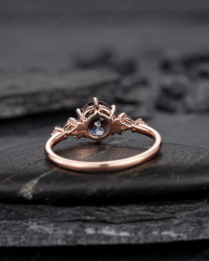 Nature Inspired Round Shape Alexandrite Engagement Ring, Unique Crescent Rose Gold Promise Ring Vintage Moon and Star Wedding Ring for Women - ShainJewelry