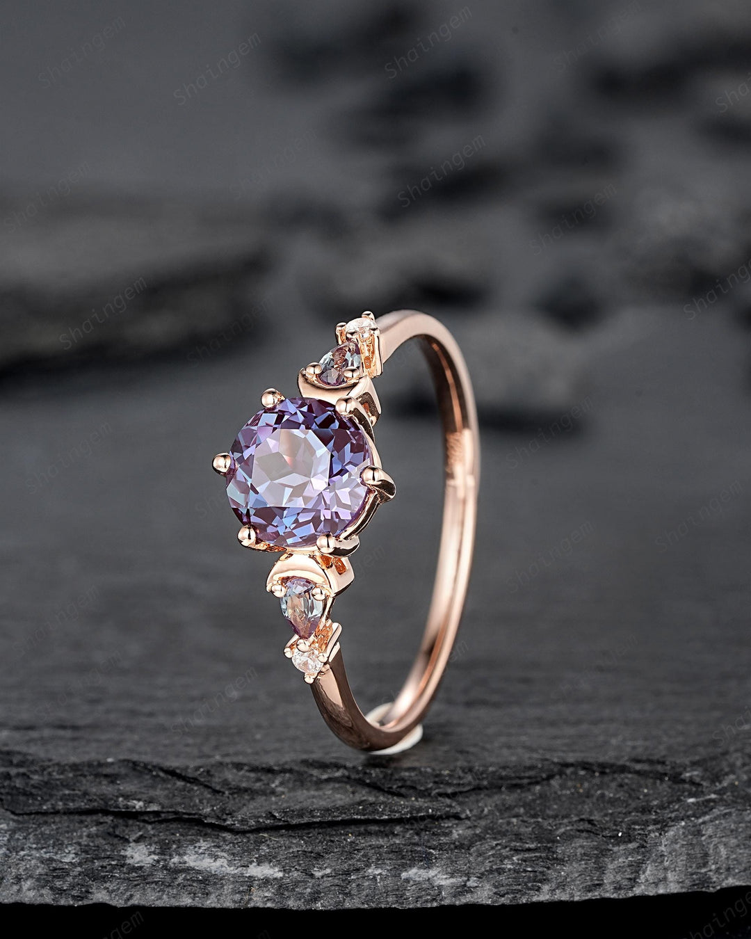 Nature Inspired Round Shape Alexandrite Engagement Ring, Unique Crescent Rose Gold Promise Ring Vintage Moon and Star Wedding Ring for Women - ShainJewelry