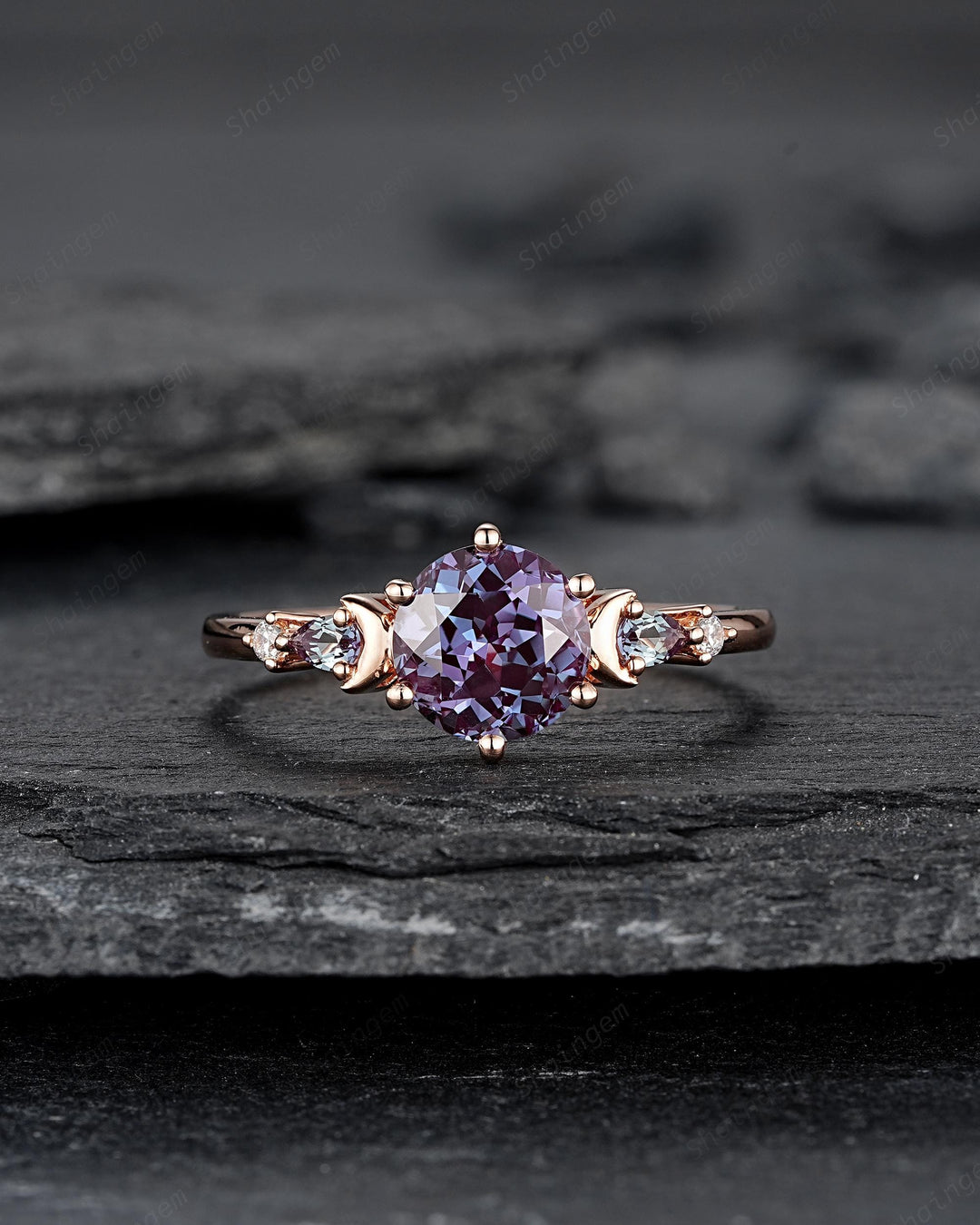 Nature Inspired Round Shape Alexandrite Engagement Ring, Unique Crescent Rose Gold Promise Ring Vintage Moon and Star Wedding Ring for Women - ShainJewelry