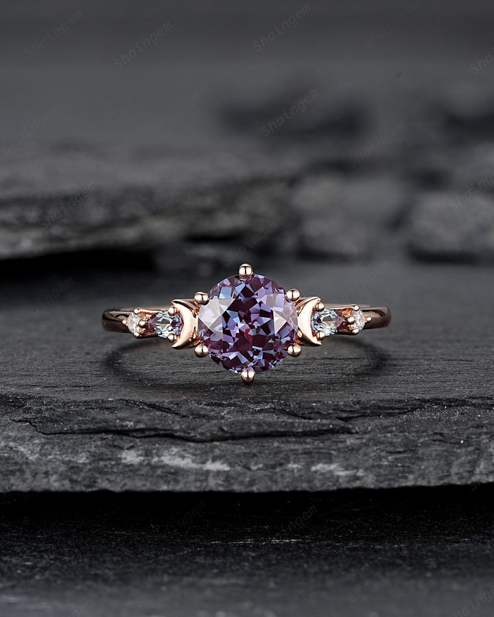 Nature Inspired Round Shape Alexandrite Engagement Ring, Unique Crescent Rose Gold Promise Ring Vintage Moon and Star Wedding Ring for Women - ShainJewelry