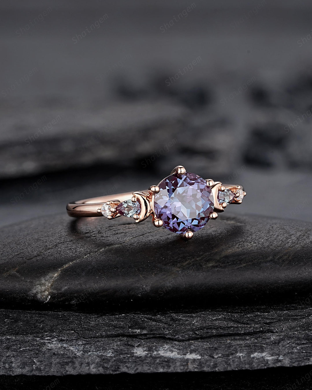 Nature Inspired Round Shape Alexandrite Engagement Ring, Unique Crescent Rose Gold Promise Ring Vintage Moon and Star Wedding Ring for Women - ShainJewelry