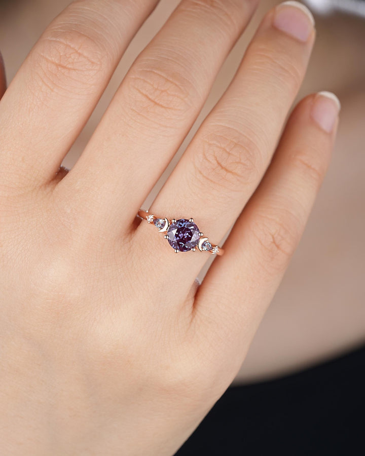 Nature Inspired Round Shape Alexandrite Engagement Ring, Unique Crescent Rose Gold Promise Ring Vintage Moon and Star Wedding Ring for Women - ShainJewelry