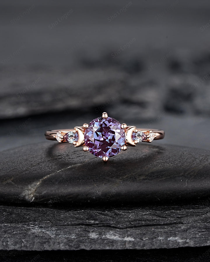 Nature Inspired Round Shape Alexandrite Engagement Ring, Unique Crescent Rose Gold Promise Ring Vintage Moon and Star Wedding Ring for Women - ShainJewelry