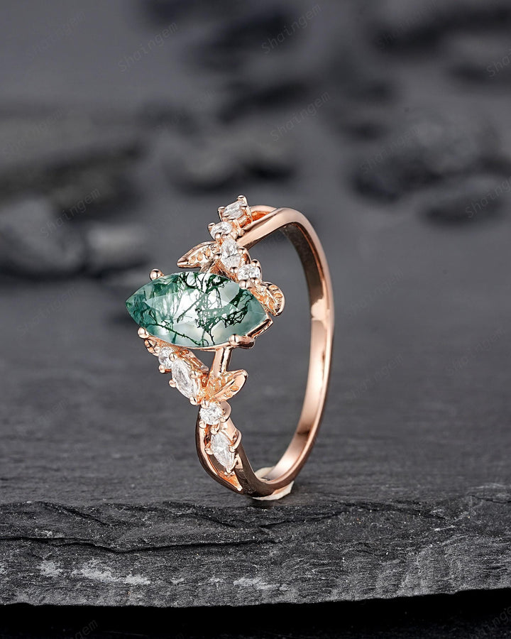 Unique Marquise Cut Moss Agate Engagement Ring, Nature Inspired Leaf Diamond Wedding Ring Vintage Rose Gold Twig Promise Ring Gift for Women